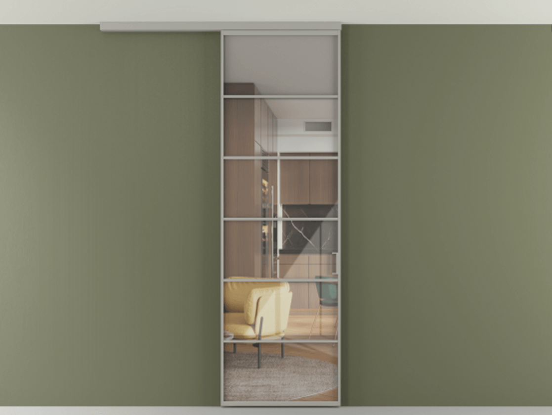 Перегородка Формато вдоль стены на потолок 1 створка АЛПР 040.04 Алюминий нейтральный серый Рефлективное прозрачное стекло "Стопсол", калёное Цена 114252 ₽ | Volhovec