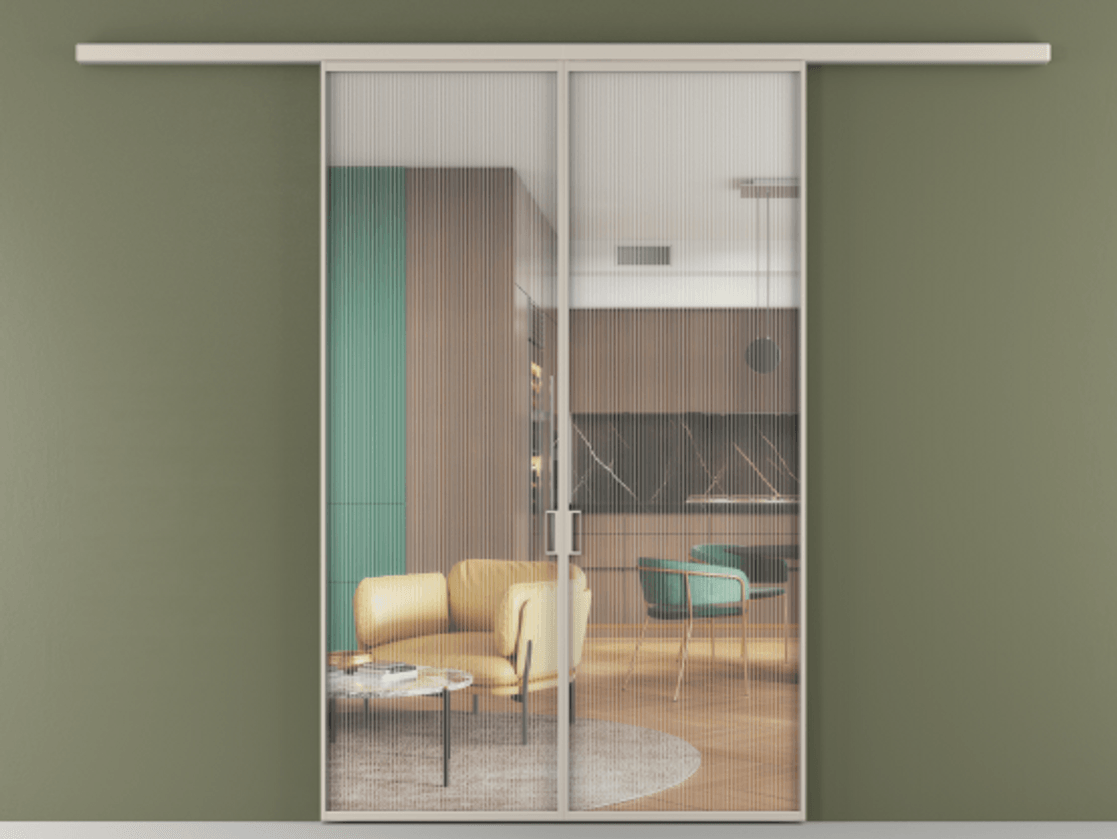 Перегородка Formato вдоль стены 2 створки АЛПР 040.01 Алюминий светло-бежевый Рифлёное стекло "Moru", триплекс Цена 199350 ₽ | Volhovec