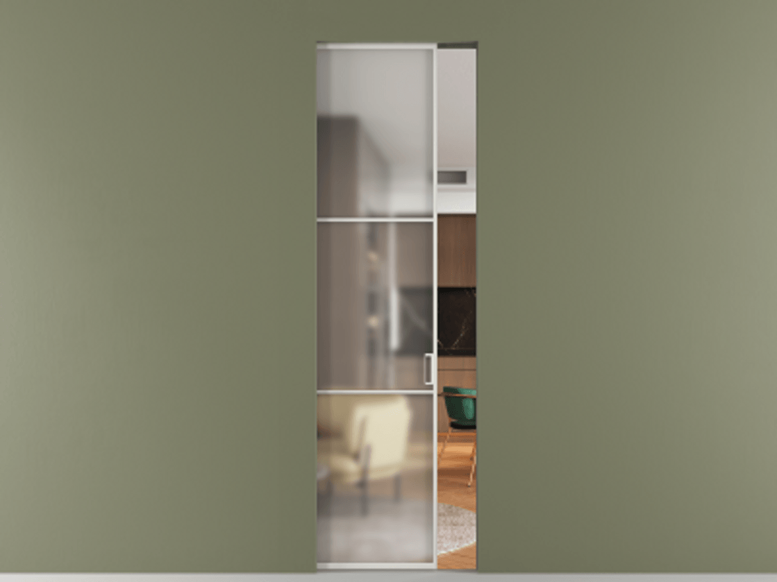 Перегородка Формато скрытый пенал 1 створка АЛПР 040.03 Алюминий серый Сатинированное стекло "Мателюкс Кристал Вижн", калёное, матовое, каленое 6 мм Цена 161780 ₽ | Volhovec