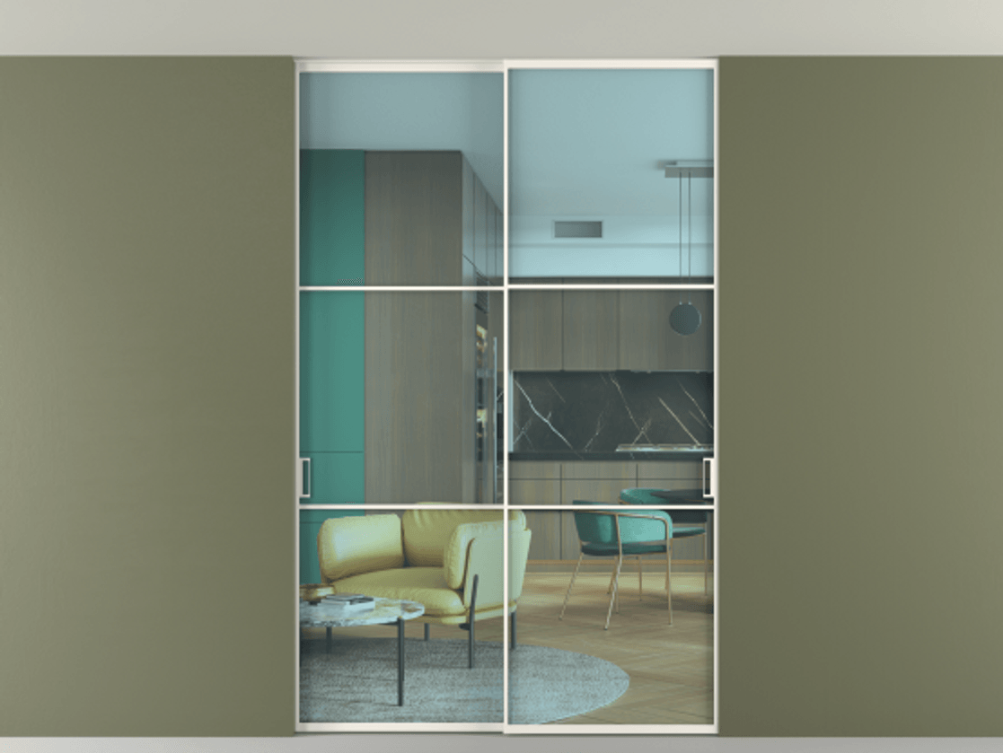 Перегородка Формато внутри проёма скрытое крепление в потолок 2 створки АЛПР 040.03 Алюминий пудровый белый Прозрачное голубое стекло, триплекс Цена 248215 ₽ | Volhovec