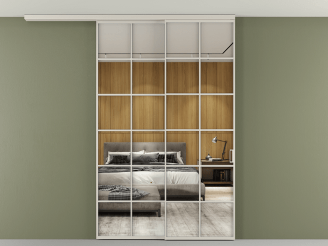 Перегородка Формато вдоль стены на потолок 2 створки с синхронным механизмом АЛПР 040.05 Алюминий облачно-серый Двустороннее зеркало, триплекс , триплекс 6 мм Цена 291704 ₽ | Volhovec