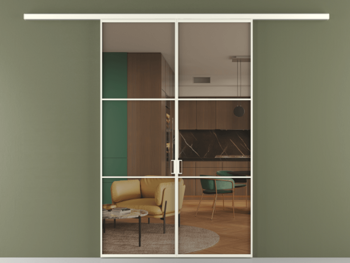 Перегородка Формато вдоль стены 2 створки АЛПР 040.03 Алюминий жемчужный Прозрачное бронзовое стекло, триплекс Цена 195450 ₽ | Volhovec