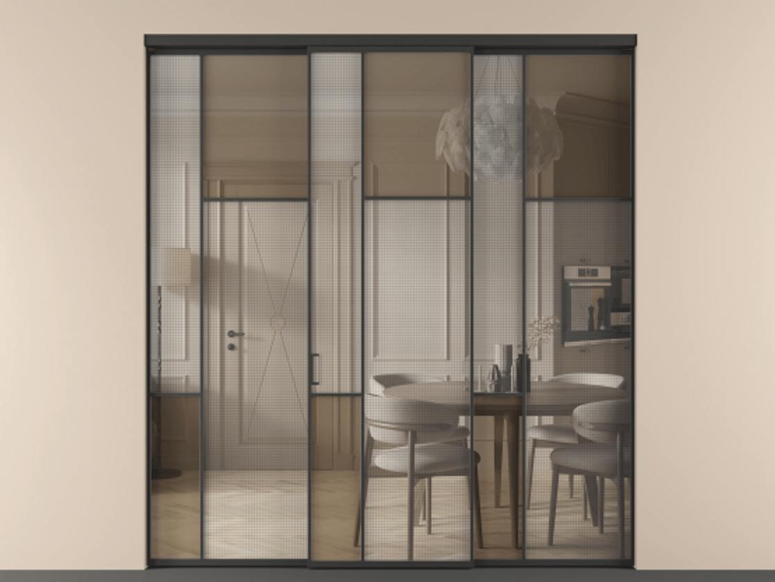 Перегородка Mosaic внутри проёма трёхстворчатая АЛПР 041.11 Алюминий Черный Mesh silver + Бронза прозрачное триплекс Цена 326440 ₽ | Volhovec