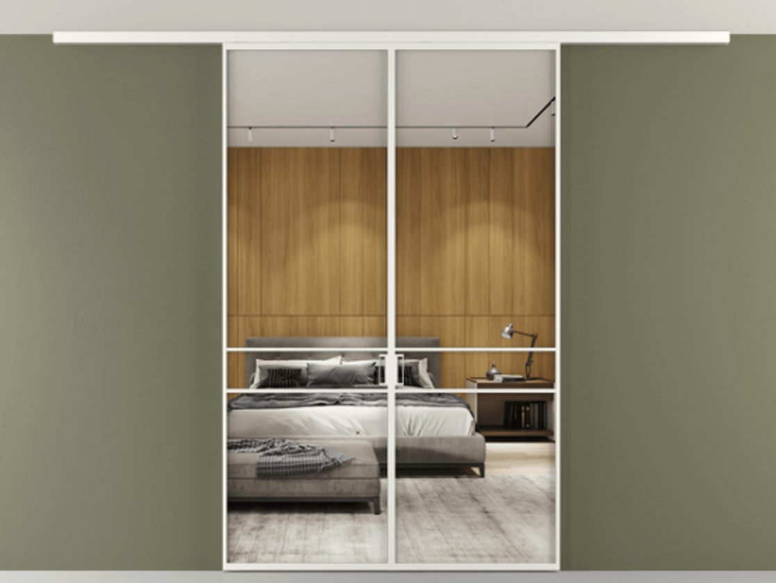 Перегородка Формато вдоль стены на потолок 2 створки АЛПР 040.02 Алюминий светло-серый Двустороннее зеркало, триплекс , триплекс 6 мм Цена 186615 ₽ | Volhovec