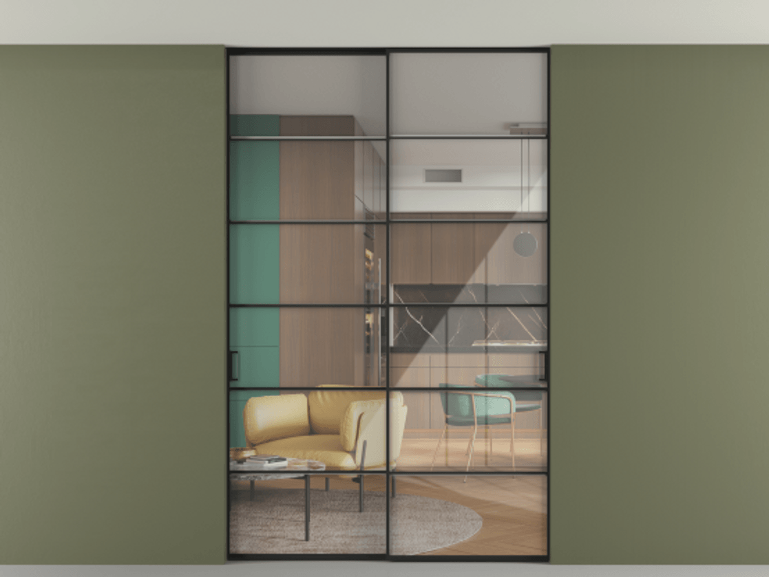 Перегородка Formato внутри проёма скрытое крепление в потолок 2 створки АЛПР 040.04 Алюминий Черный Рефлективное прозрачное стекло "Stopsol", калёное Цена 313880 ₽ | Volhovec