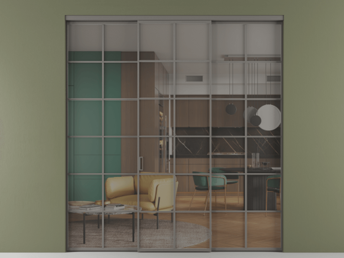 Перегородка Формато внутри проёма 3 створки АЛПР 040.05 Алюминий классический серый Прозрачное серое стекло, триплекс Цена 254825 ₽ | Volhovec