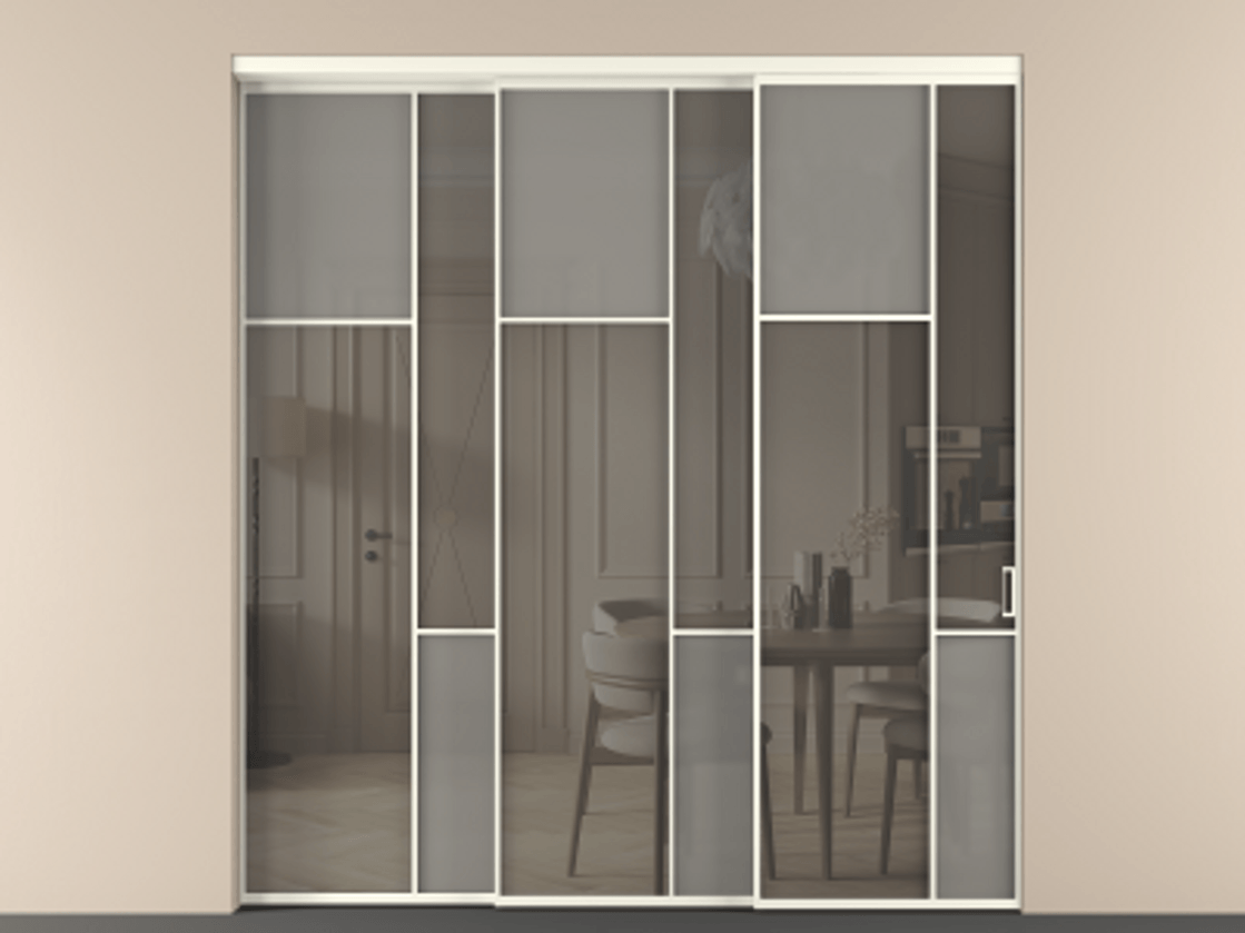 Перегородка Мозаик внутри проёма 3 створки с синхронным механизмом АЛПР 041.10 Алюминий жемчужный Сатинированное серое стекло, триплекс, 6 мм + Прозрачное серое стекло, триплекс Цена 437390 ₽ | Volhovec