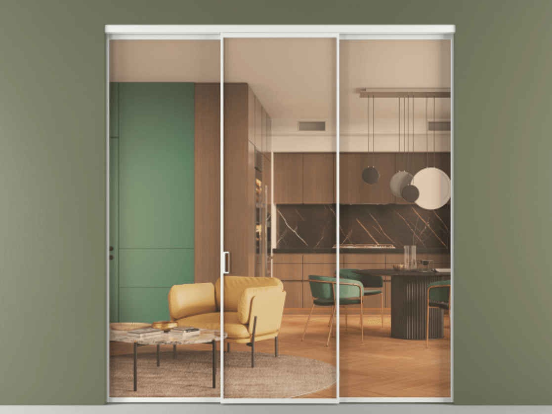 Перегородка Формато внутри проёма 3 створки АЛПР 040.01 Алюминий белоснежный Прозрачное оранжевое стекло, триплекс Цена 225125 ₽ | Volhovec