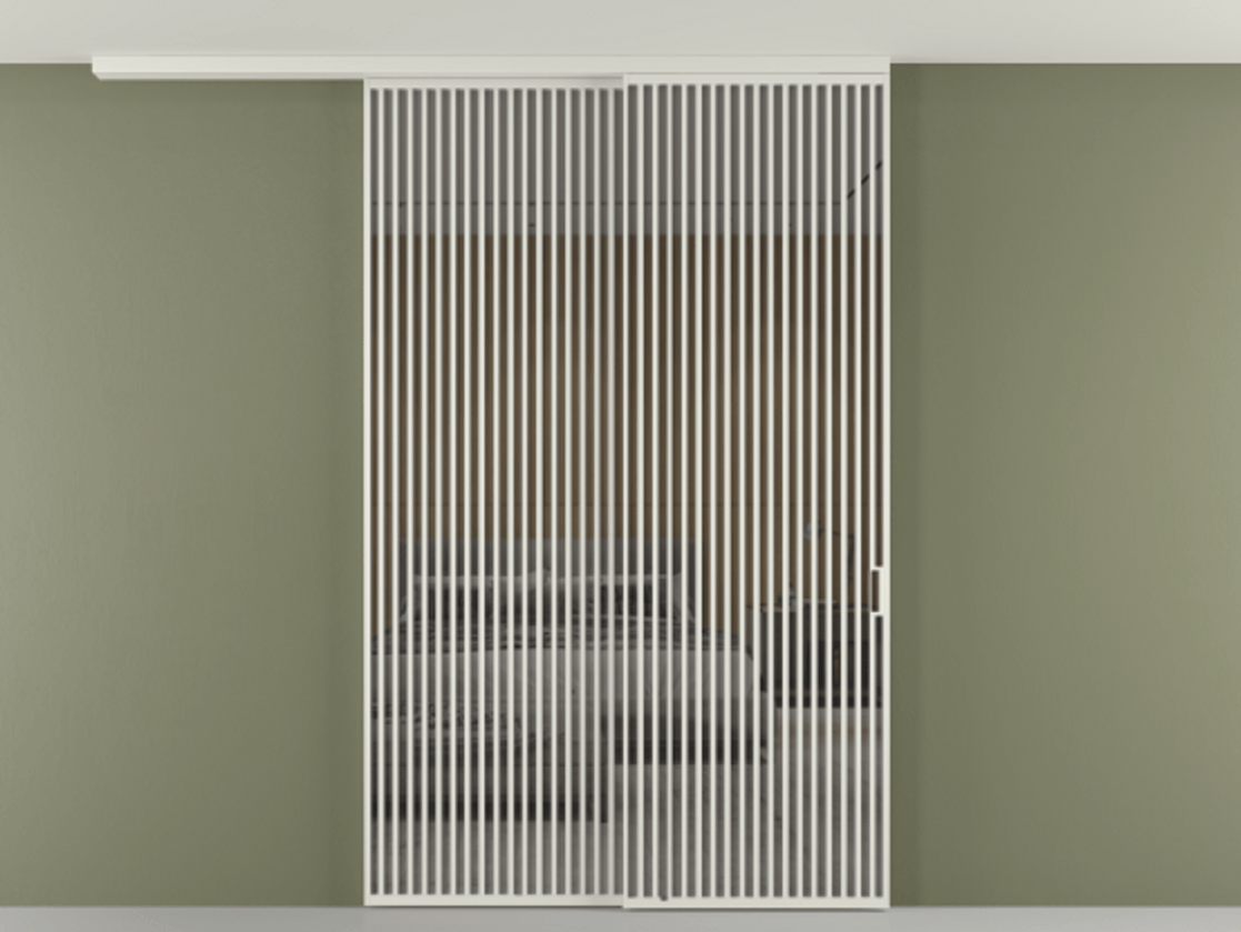 Перегородка Формато вдоль стены на потолок 2 створки с синхронным механизмом АЛПР 040.06 Алюминий серый Рефлективное серое стекло "Стопсол", калёное Цена 463256 ₽ | Volhovec