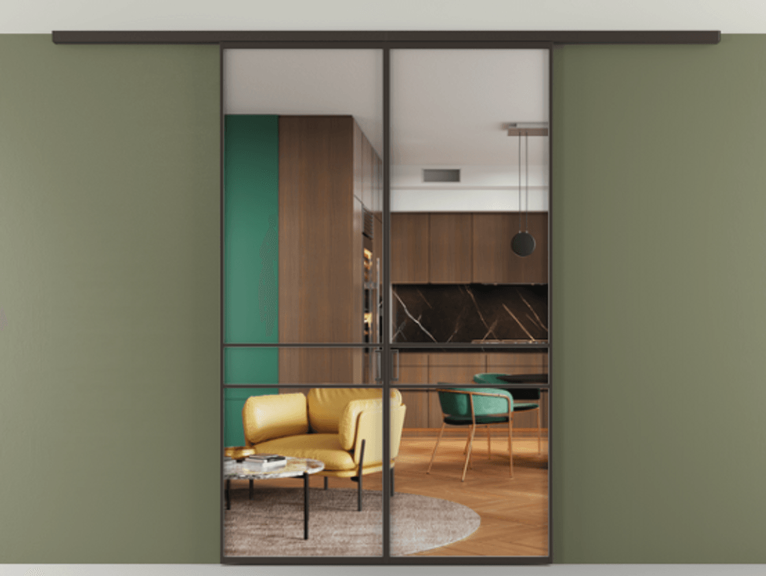 Перегородка Формато вдоль стены на потолок 2 створки АЛПР 040.02 Алюминий антрацит Прозрачное стекло "Кристал Вижн", калёное Цена 207676 ₽ | Volhovec