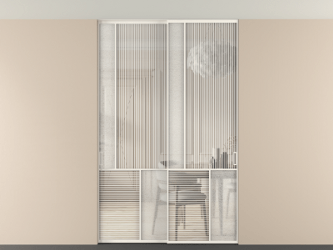 Перегородка Мозаик внутри проёма скрытое крепление в потолок 2 створки АЛПР 041.20 Алюминий пудровый белый Рифлёное стекло "Дюна", триплекс, 6 мм + Фактурное стекло "Лёд", триплекс. Цена 340580 ₽ . Фабрика дверей Волховец 8 (800) 551 43 19 Перегородка Мозаик внутри проёма скрытое крепление в потолок 2 створки АЛПР 041.20 Алюминий пудровый белый Рифлёное стекло "Дюна", триплекс, 6 мм + Фактурное стекло "Лёд", триплекс Цена 340580 ₽ | Volhovec