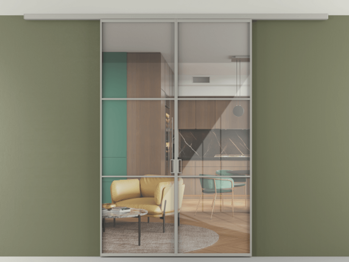 Перегородка Формато вдоль стены на потолок 2 створки АЛПР 040.03 Алюминий нейтральный серый Рефлективное прозрачное стекло "Стопсол", калёное Цена 207676 ₽ | Volhovec