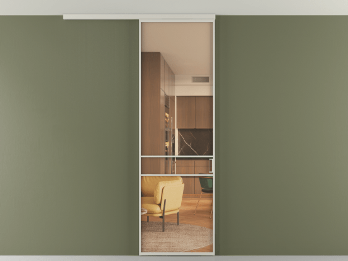 Перегородка Формато вдоль стены на потолок 1 створка АЛПР 040.02 Алюминий тёплый серый Прозрачное оранжевое стекло, триплекс Цена 96858 ₽ | Volhovec