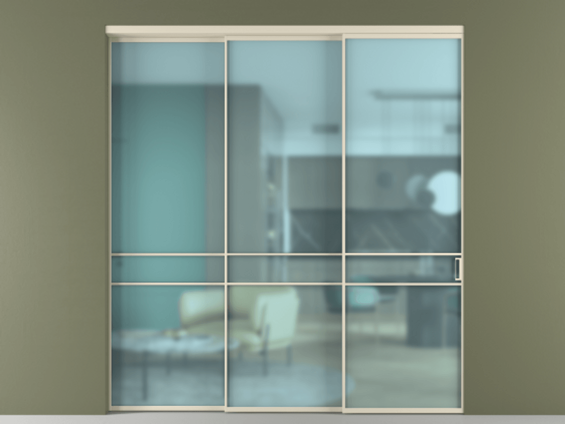 Перегородка Formato внутри проёма 3 створки с синхронным механизмом АЛПР 040.02 Алюминий бежево-серый Сатинированное голубое стекло, триплекс Цена 389600 ₽  | Volhovec