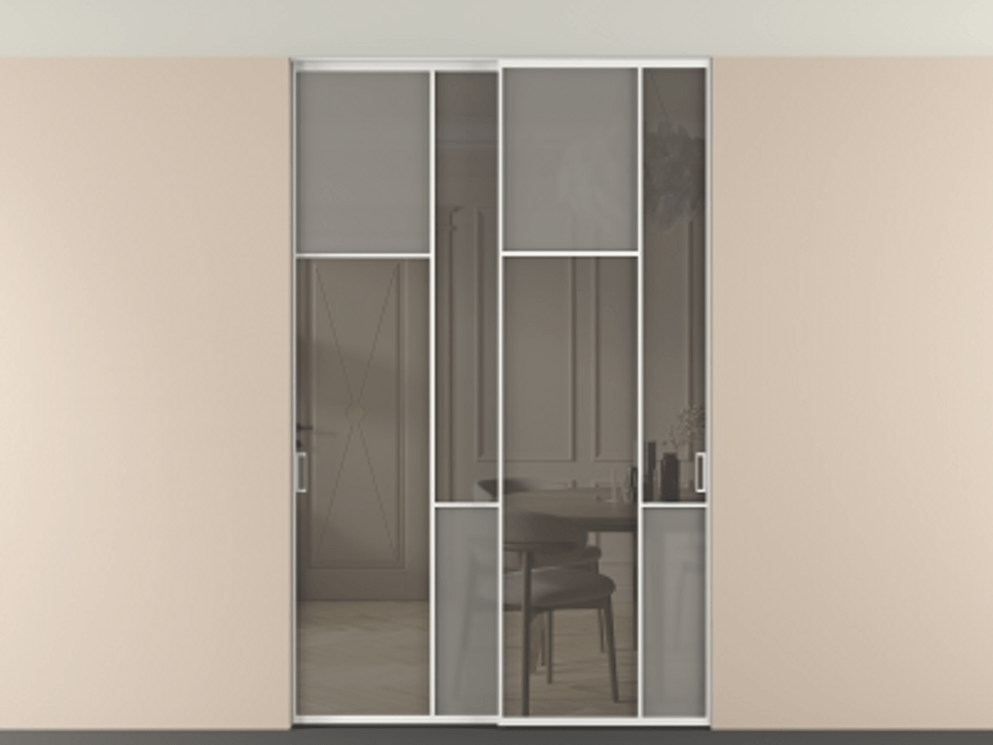 Перегородка Мозаик внутри проёма скрытое крепление в потолок 2 створки АЛПР 041.10 Алюминий белоснежный Сатинированное серое стекло, триплекс, 6 мм + Прозрачное серое стекло, триплекс Цена 324580 ₽ | Volhovec