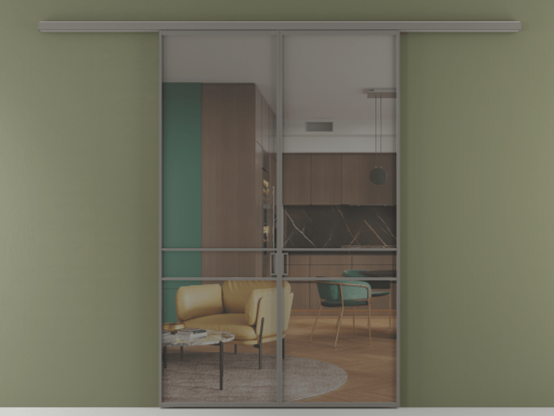 Перегородка Формато вдоль стены 2 створки АЛПР 040.02 Алюминий классический серый Прозрачное серое стекло, триплекс Цена 195450 ₽ | Volhovec