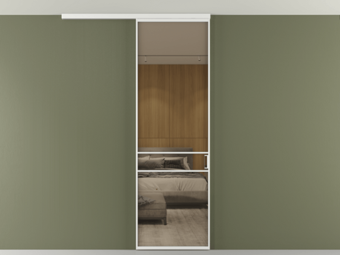 Перегородка Формато вдоль стены на потолок 1 створка АЛПР 040.02 Алюминий белоснежный Рефлективное бронзовое стекло "Стопсол", калёное Цена 125510 ₽ | Volhovec