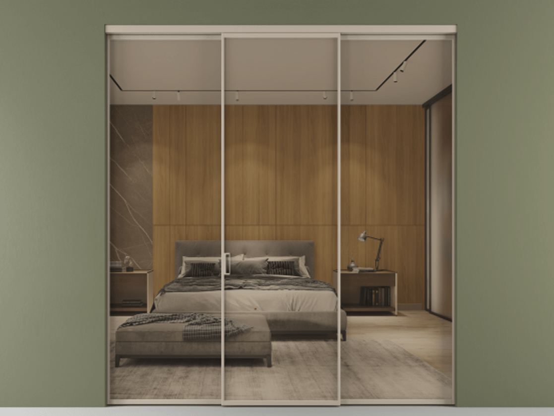 Перегородка Формато внутри проёма 3 створки АЛПР 040.01 Алюминий бисквитный Рефлективное бронзовое стекло "Стопсол", калёное Цена 301400 ₽ | Volhovec