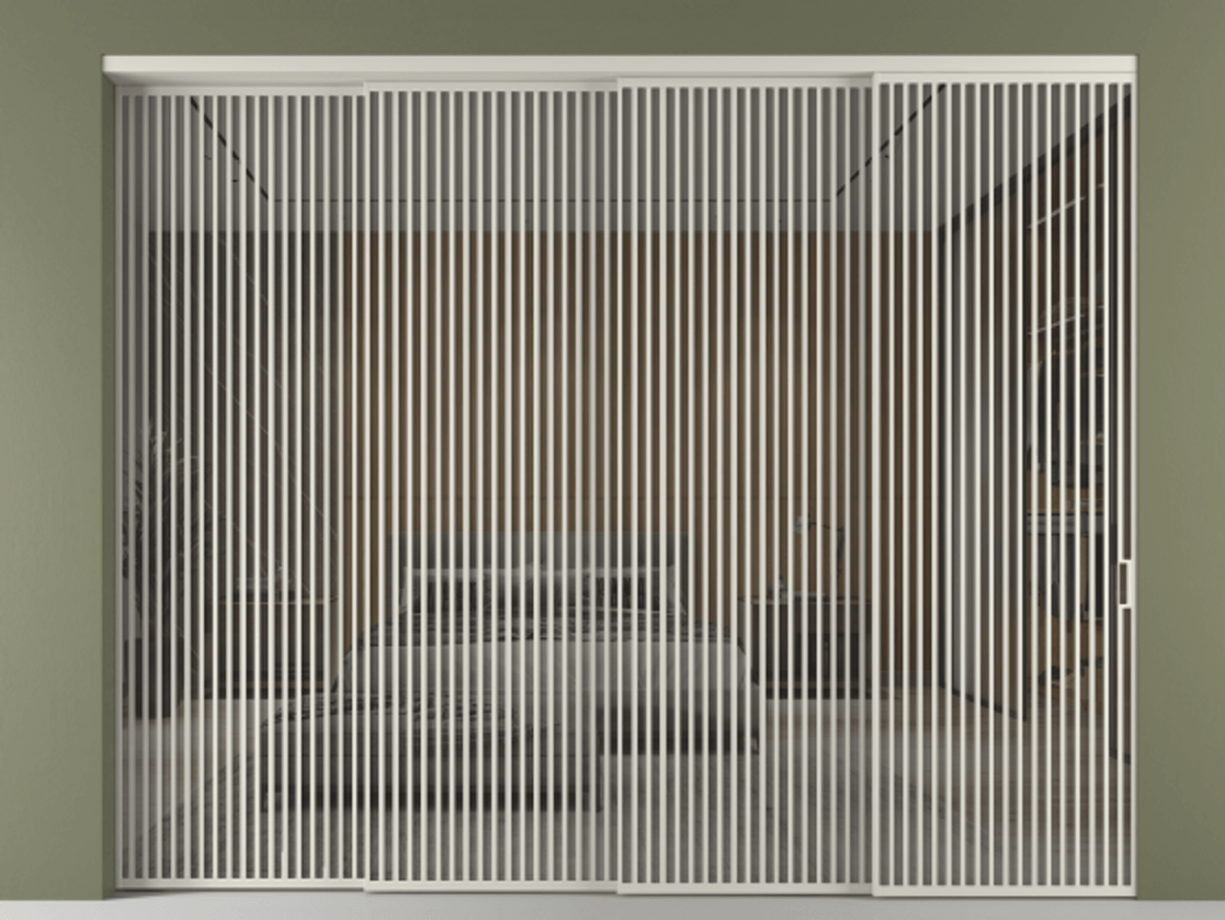 Перегородка Формато внутри проёма 4 створки с синхронным механизмом АЛПР 040.06 Алюминий тёплый серый Рефлективное серое стекло "Стопсол", калёное Цена 802920 ₽ | Volhovec