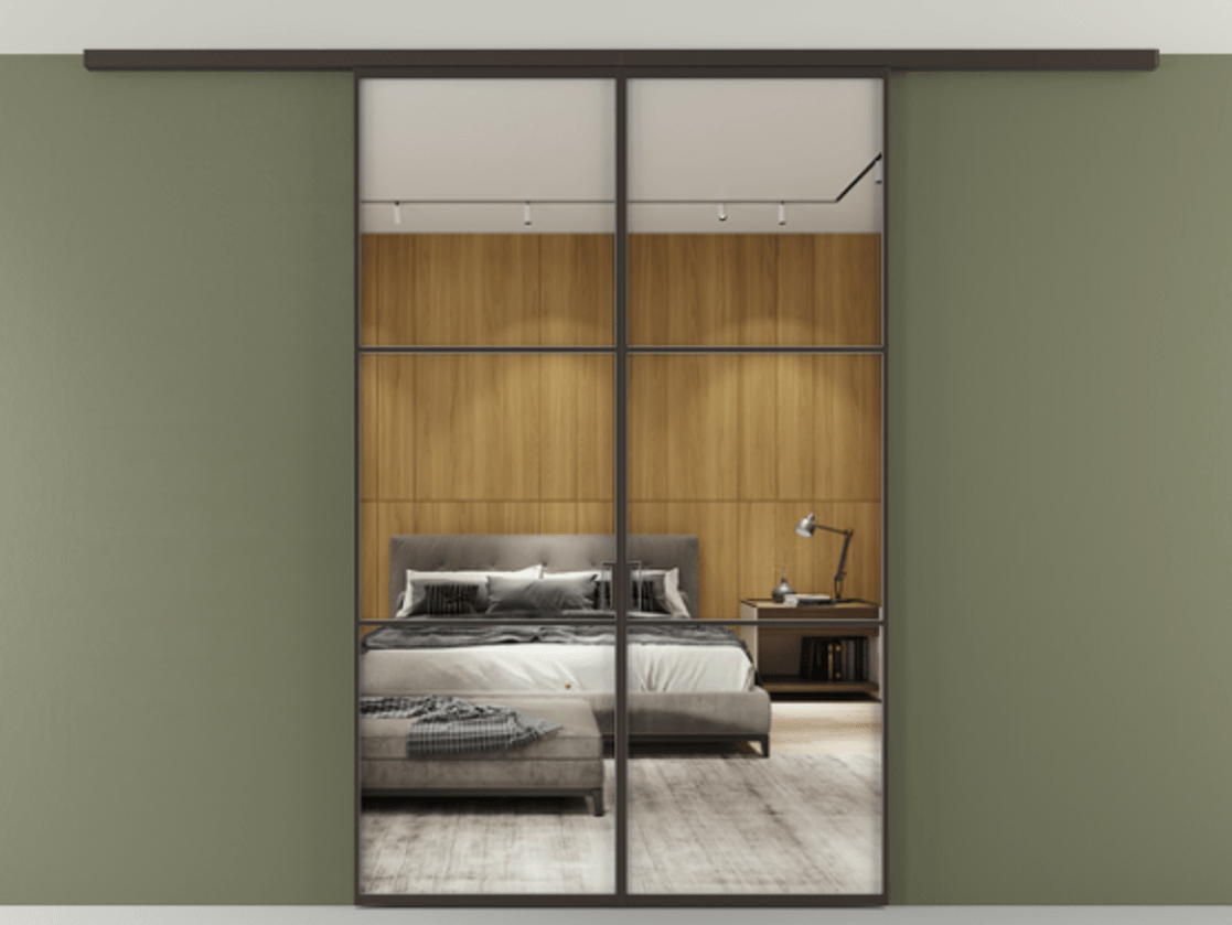 Перегородка Формато вдоль стены на потолок 2 створки АЛПР 040.03 Алюминий антрацит Двустороннее зеркало, триплекс , триплекс 6 мм Цена 194876 ₽ | Volhovec