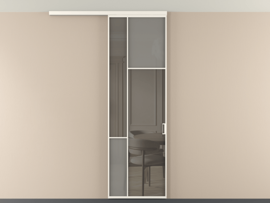 Перегородка Мозаик вдоль стены на потолок 1 створка АЛПР 041.11 Алюминий пудровый белый Сатинированное серое стекло, триплекс, 6 мм + Прозрачное серое стекло, триплекс Цена 135040 ₽ | Volhovec