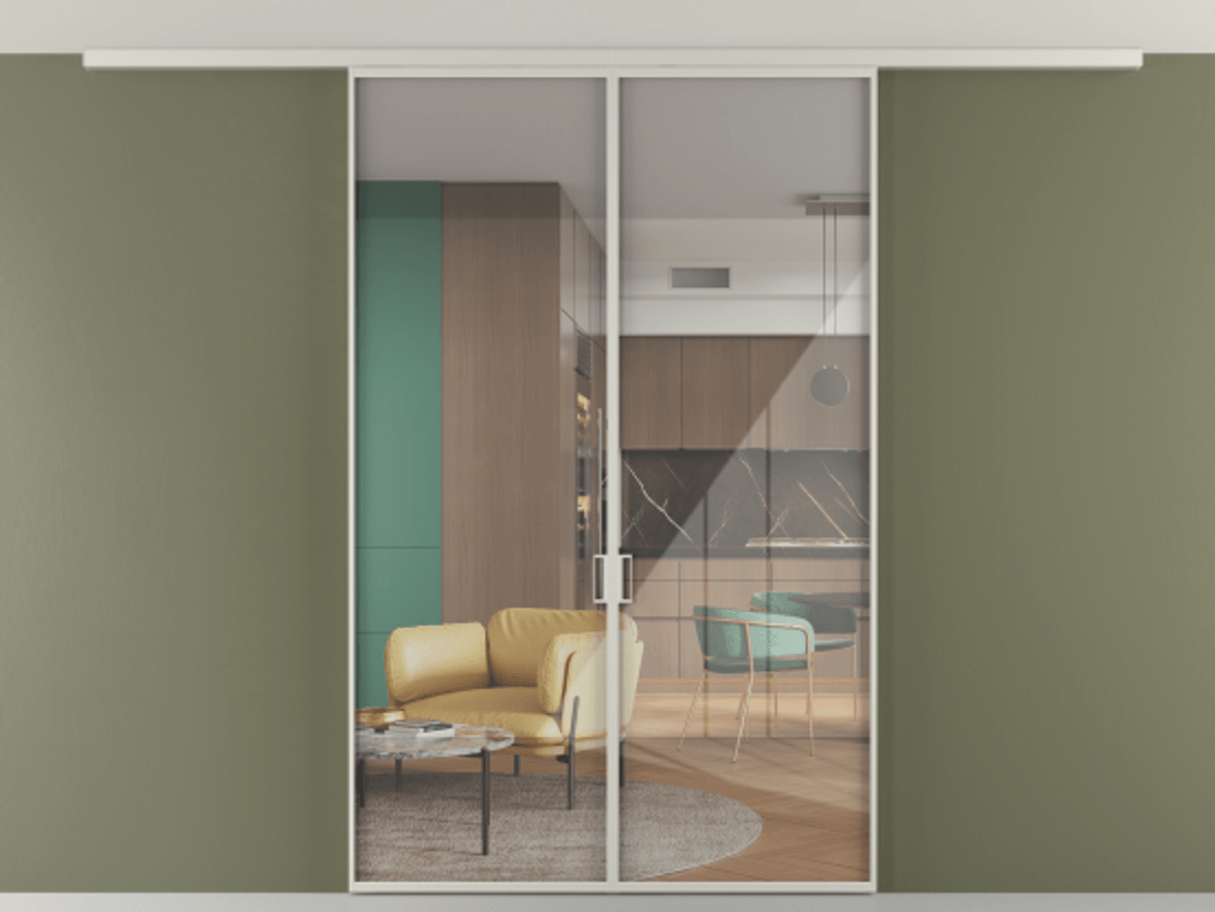 Перегородка Формато вдоль стены на потолок 2 створки АЛПР 040.01 Алюминий тёплый серый Рефлективное прозрачное стекло "Стопсол", калёное Цена 232040 ₽ | Volhovec