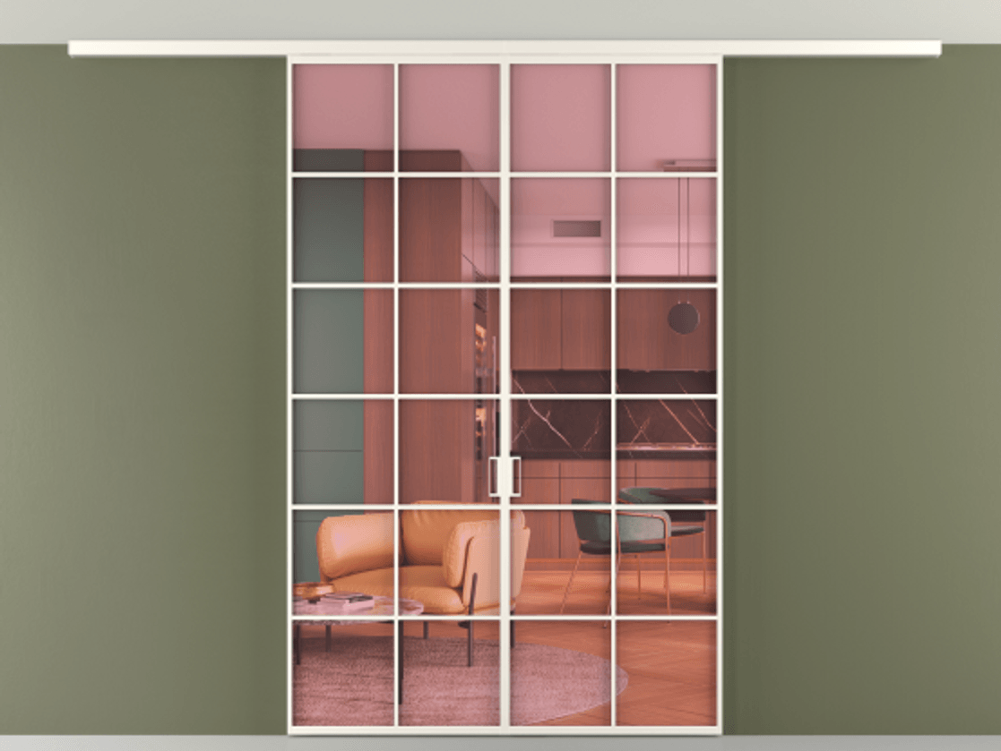 Перегородка Формато вдоль стены на потолок 2 створки АЛПР 040.05 Алюминий пудровый белый Прозрачное розовое стекло, триплекс Цена 10400 AZE | Volhovec