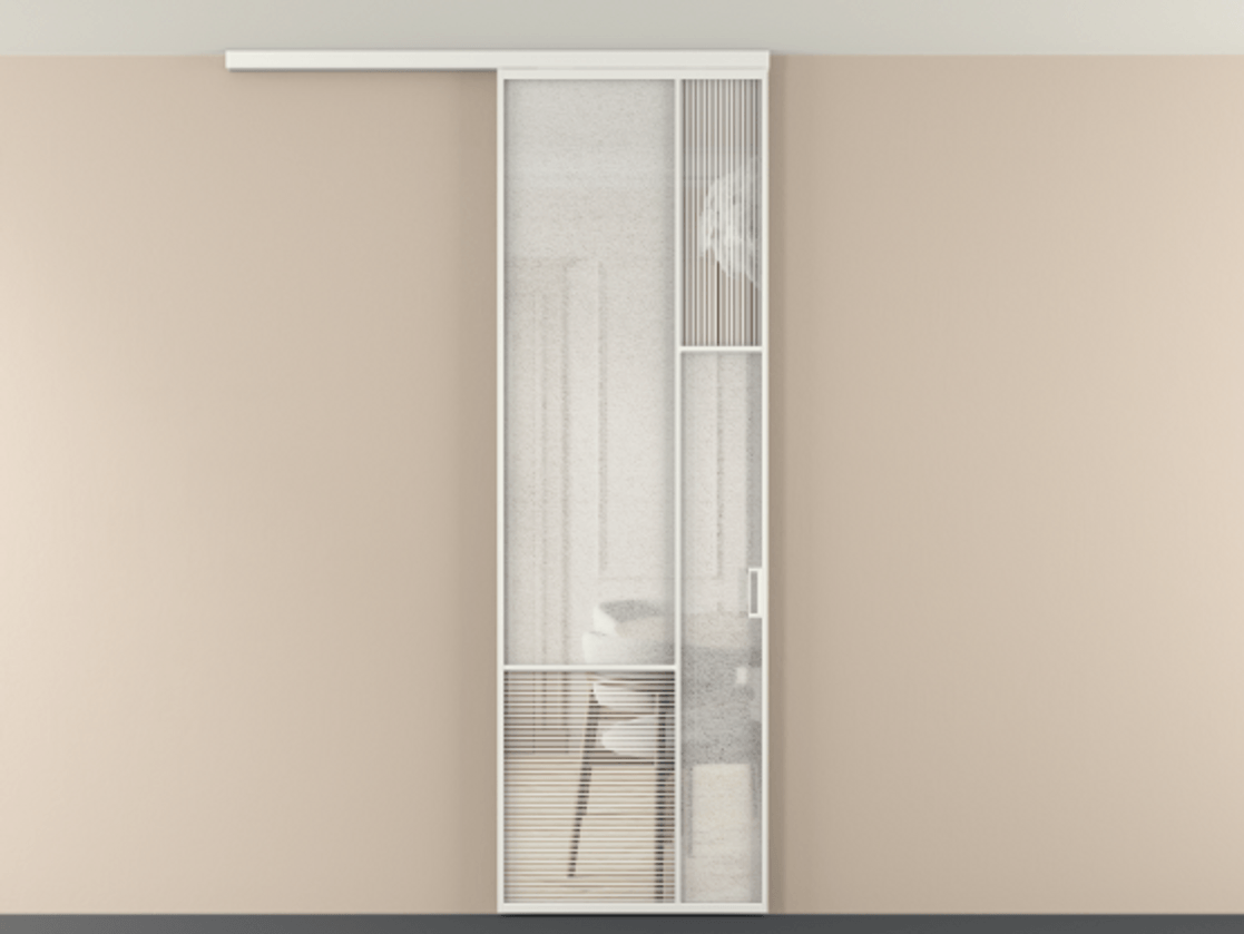 Перегородка Мозаик вдоль стены на потолок 1 створка АЛПР 041.12 Алюминий светло-серый Рифлёное стекло "Дюна", триплекс, 6 мм + Фактурное стекло "Лёд", триплекс Цена 143040 ₽ | Volhovec