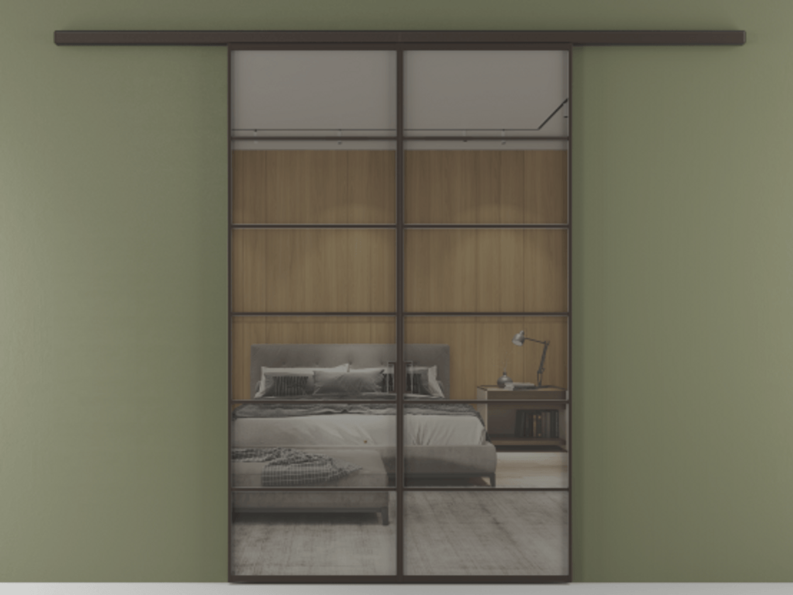 Перегородка Formato вдоль стены 2 створки АЛПР 040.04 Алюминий антрацит Рефлективное серое стекло "Stopsol", калёное Цена 264600 ₽ | Volhovec