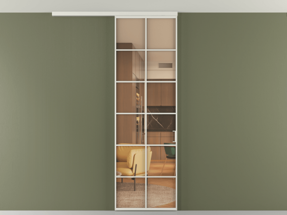 Перегородка Formato вдоль стены на потолок 1 створка АЛПР 040.05 Алюминий серый Прозрачное оранжевое стекло, триплекс Цена 107852 ₽ | Volhovec