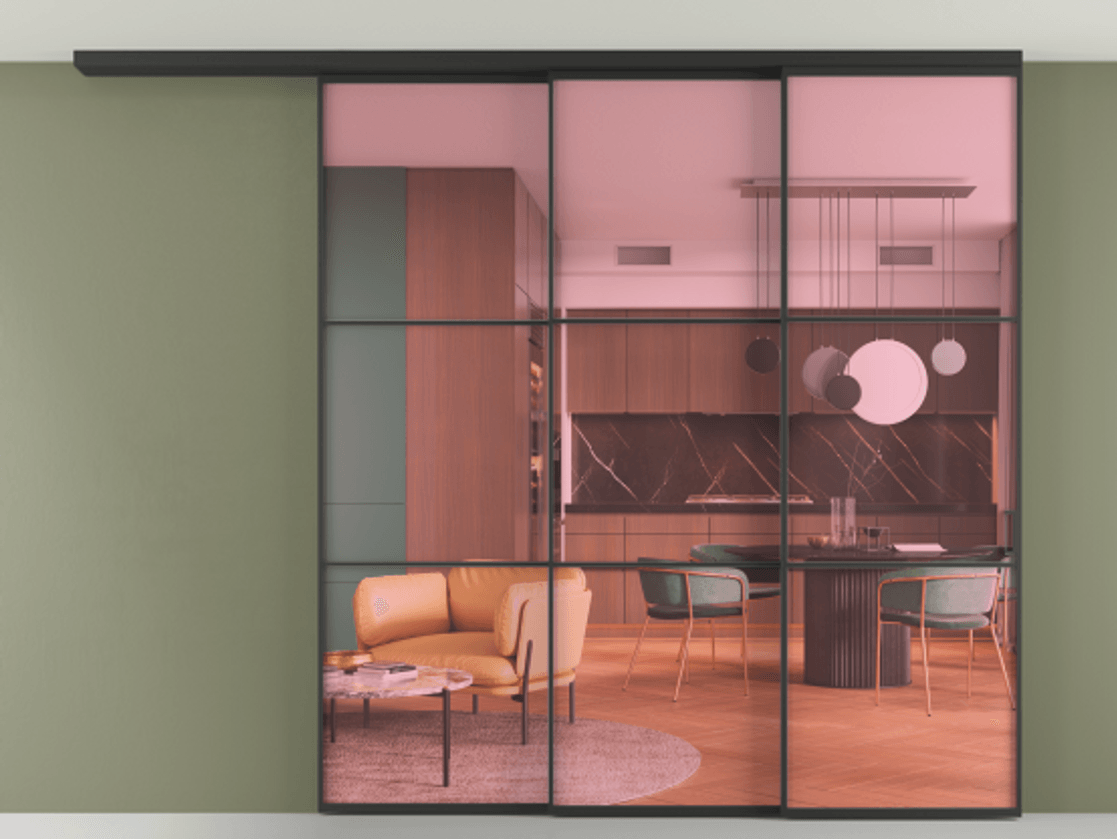 Перегородка Formato вдоль стены на потолок 3 створки с синхронным механизмом АЛПР 040.03 Алюминий Черный Прозрачное розовое стекло, триплекс Цена 377360 ₽ | Volhovec