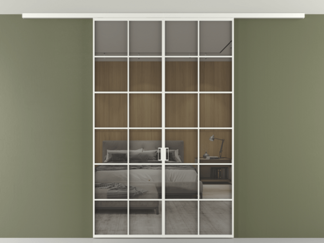 Перегородка Формато вдоль стены на потолок 2 створки АЛПР 040.05 Алюминий светло-серый Рефлективное серое стекло "Стопсол", калёное Цена 221404 ₽ | Volhovec