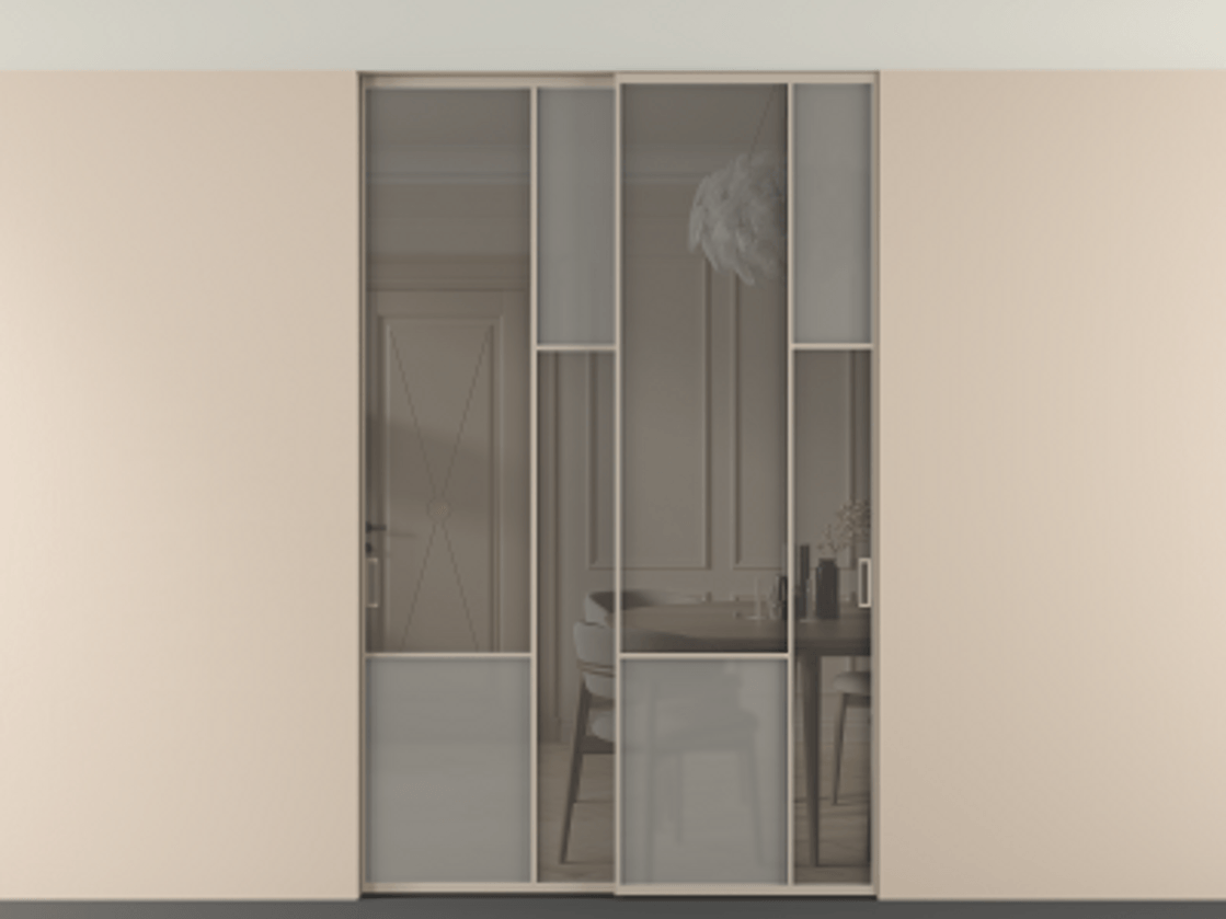 Перегородка Мозаик внутри проёма скрытое крепление в потолок 2 створки АЛПР 041.12 Алюминий бисквитный Сатинированное серое стекло, триплекс, 6 мм + Прозрачное серое стекло, триплекс Цена 324580 ₽ | Volhovec