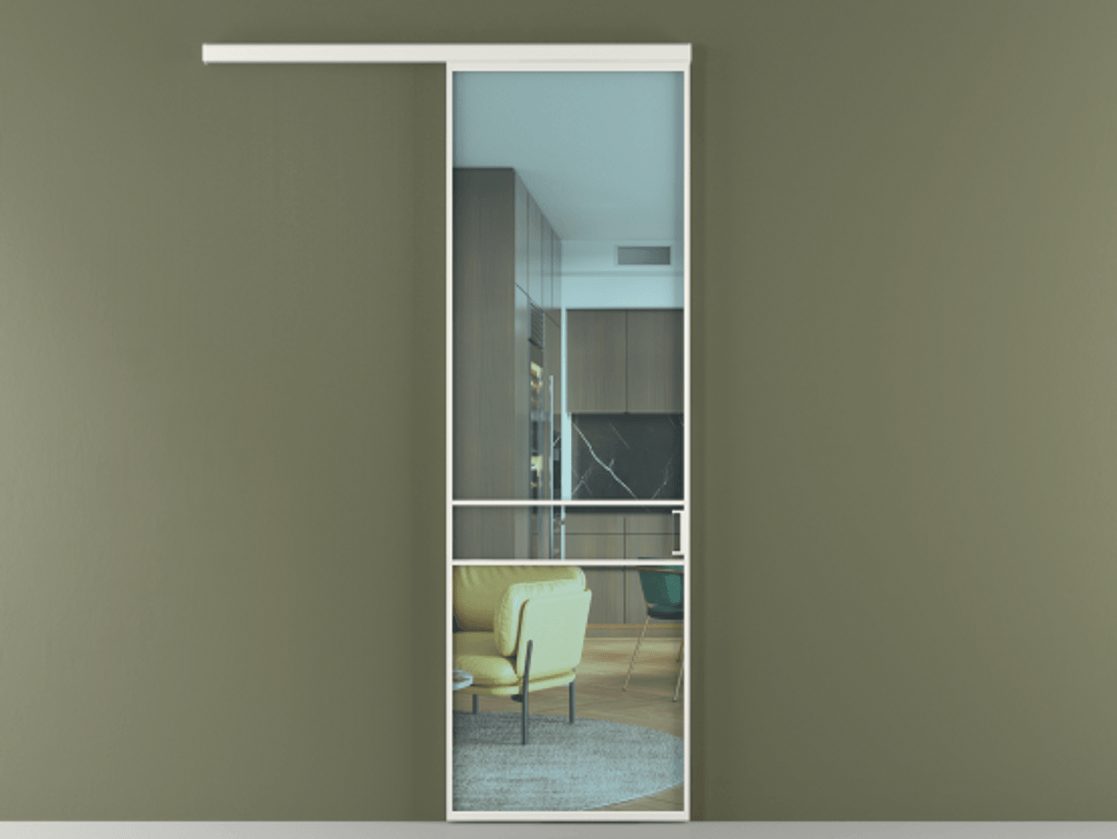 Перегородка Формато вдоль стены 1 створка АЛПР 040.02 Алюминий светло-серый Прозрачное голубое стекло, триплекс Цена 106080 ₽  | Volhovec