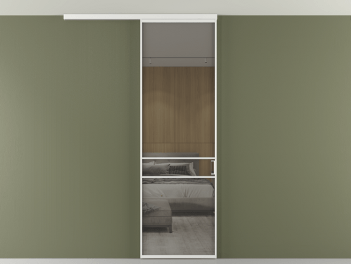 Перегородка Формато вдоль стены на потолок 1 створка АЛПР 040.02 Алюминий белоснежный Рефлективное серое стекло "Стопсол", калёное Цена 125510 ₽ | Volhovec