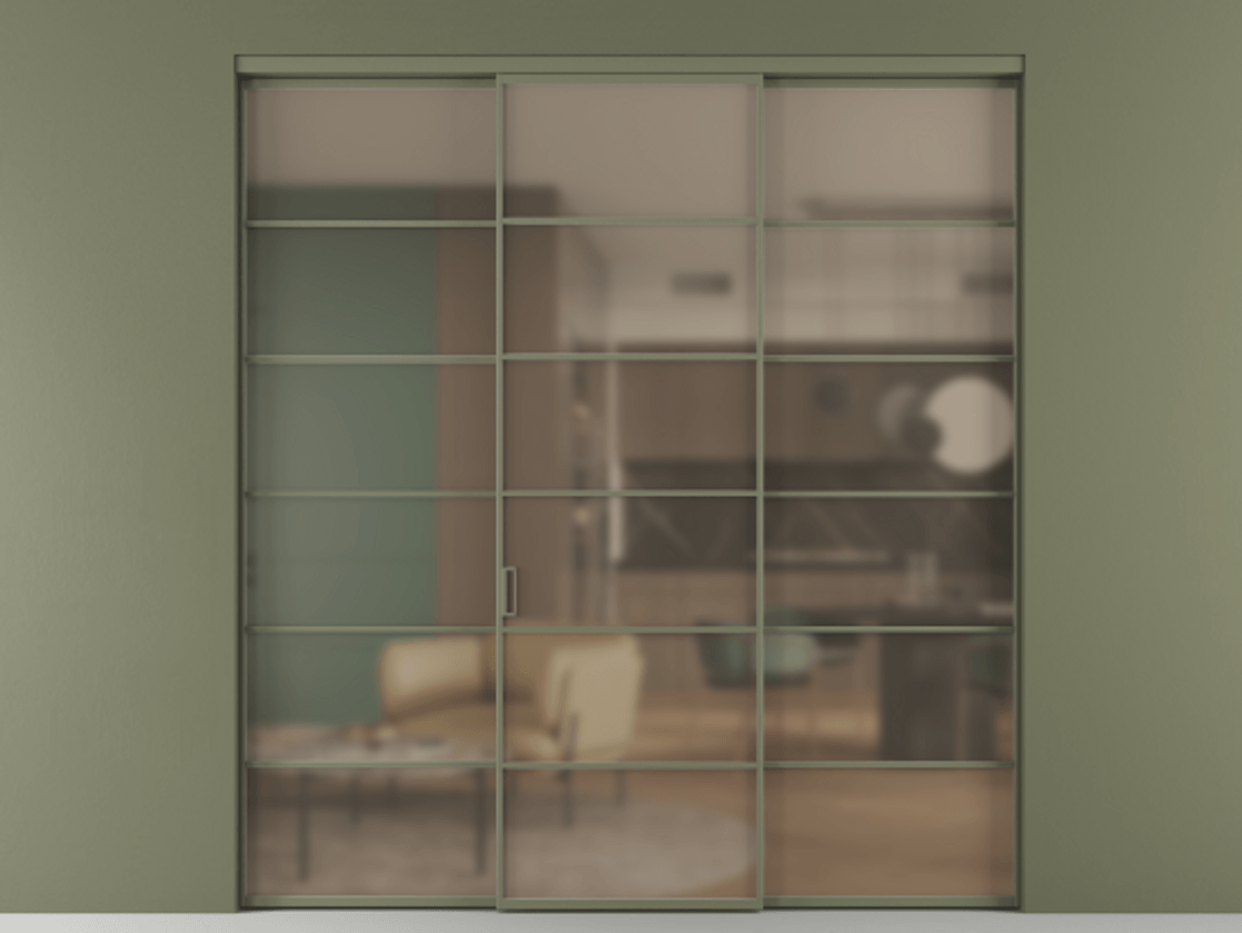 Перегородка Формато внутри проёма 3 створки АЛПР 040.04 Алюминий оливковый тёмный Сатинированное бронзовое стекло, триплекс Цена 254825 ₽ | Volhovec