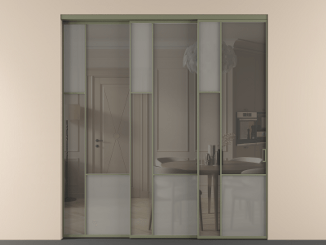 Перегородка Мозаик внутри проёма 3 створки с синхронным механизмом АЛПР 041.13 Алюминий оливковый тёмный Сатинированное серое стекло, триплекс, 6 мм + Прозрачное серое стекло, триплекс Цена 437390 ₽ | Volhovec