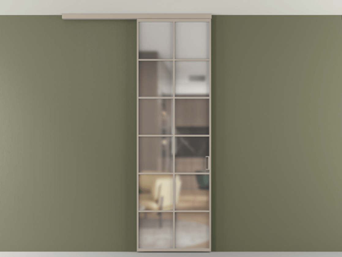 Перегородка Формато вдоль стены на потолок 1 створка АЛПР 040.05 Алюминий бисквитный Сатинированное стекло "Мателюкс Кристал Вижн", калёное, матовое, каленое 6 мм Цена 114252 ₽ | Volhovec