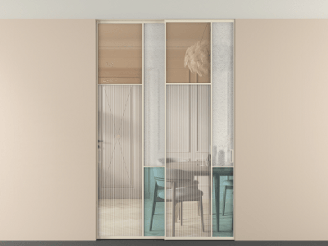 Перегородка Mosaic внутри проёма двустворчатая со скрытым креплением в потолок АЛПР 041.10 Алюминий бежево-серый Комбинация стекол Группы 1 и Группы 3 Цена 313220 ₽ | Volhovec