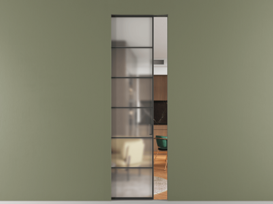 Перегородка Formato скрытый пенал 1 створка АЛПР 040.04 Алюминий Черный Сатинированное стекло "Matelux Crystal Vision", калёное, матовое, каленое 6 мм Цена 182200 ₽ | Volhovec