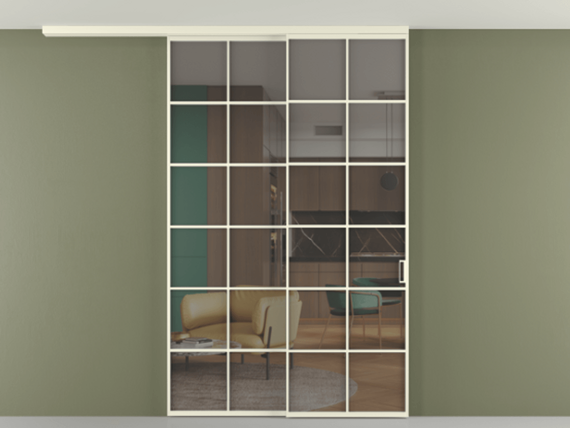 Перегородка Формато вдоль стены на потолок 2 створки с синхронным механизмом АЛПР 040.05 Алюминий молочно-белый Прозрачное серое стекло, триплекс Цена 291704 ₽ | Volhovec