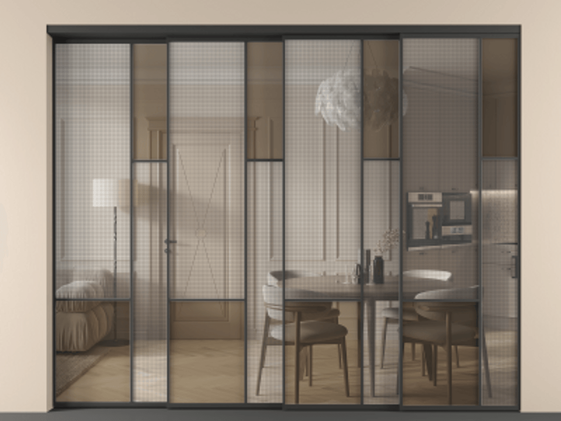 Перегородка Mosaic внутри проёма телескопик синхро 3 АЛПР 041.12 Алюминий Черный Mesh silver + Бронза прозрачное триплекс Цена 552220 ₽ | Volhovec