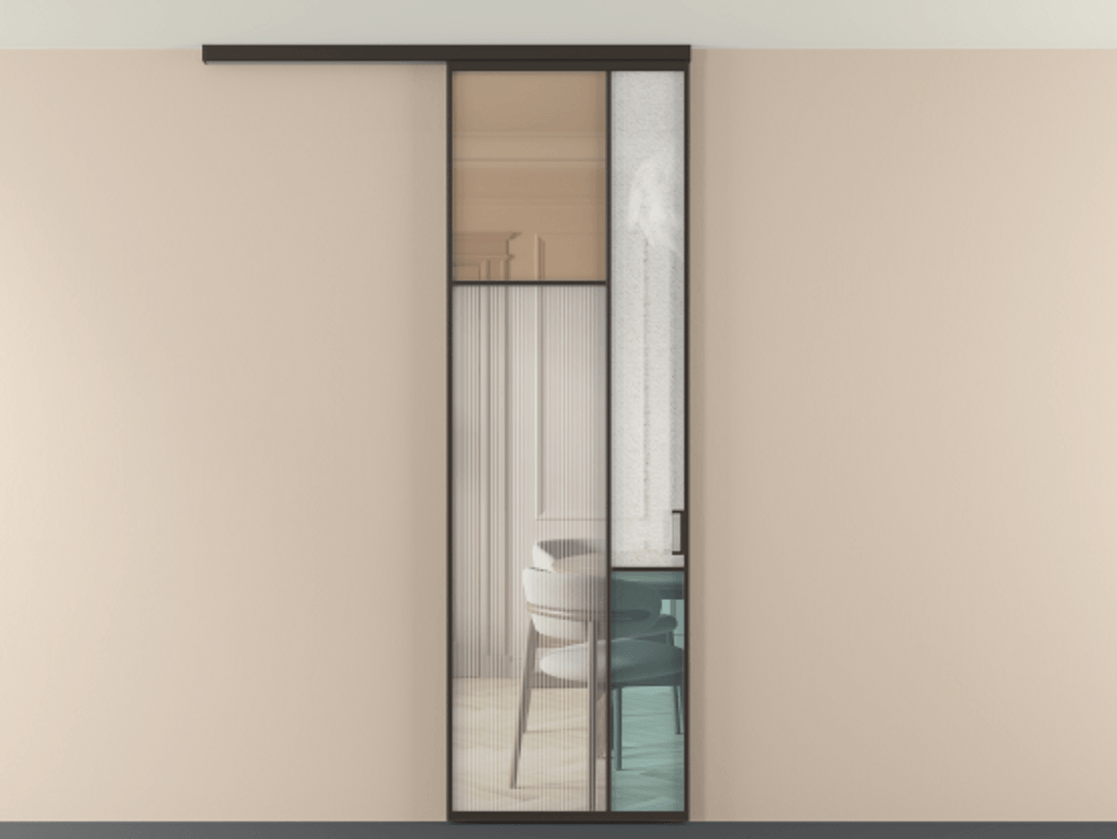 Перегородка Мозаик вдоль стены на потолок 1 створка АЛПР 041.10 Алюминий антрацит Комбинация стекол Группы 1 и Группы 3 Цена 141040 ₽ | Volhovec