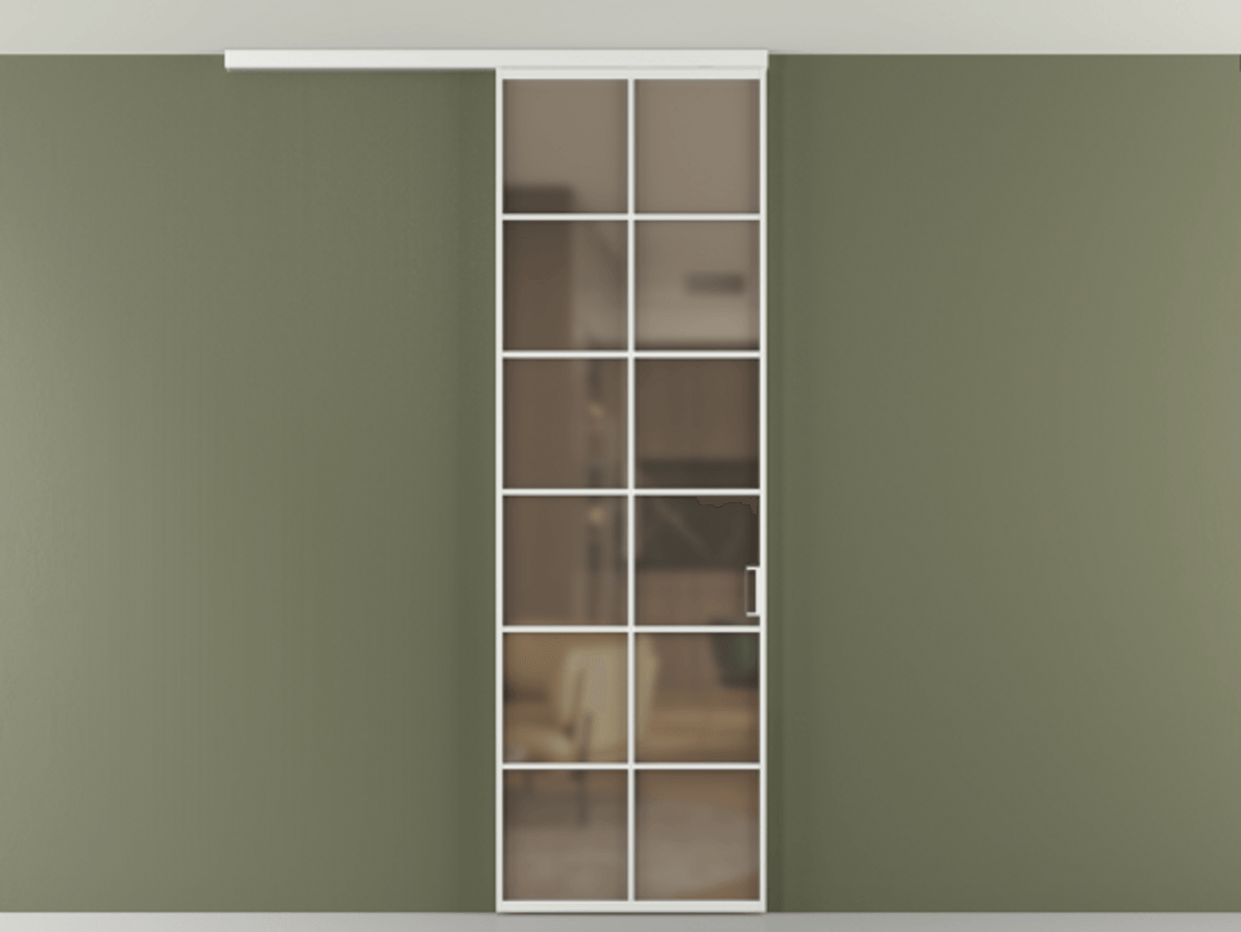 Перегородка Формато вдоль стены на потолок 1 створка АЛПР 040.05 Алюминий белоснежный Сатинированное бронзовое стекло, триплекс Цена 107852 ₽ | Volhovec