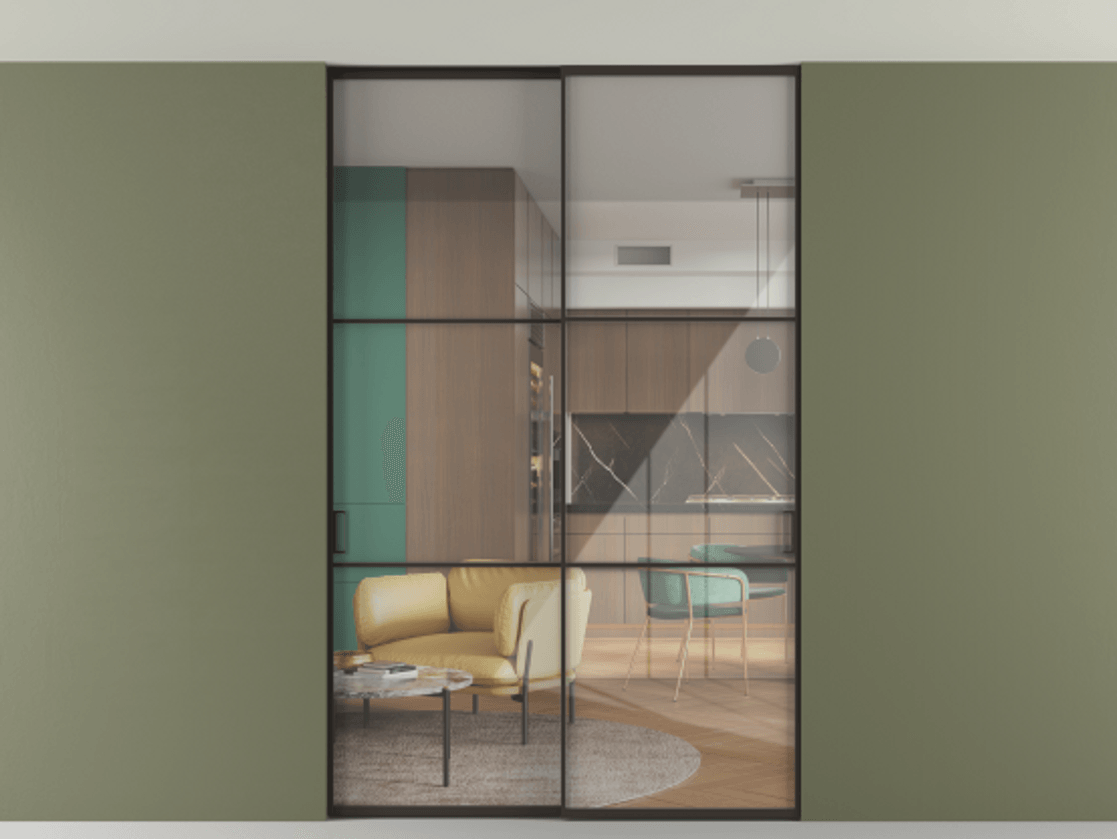 Перегородка Formato внутри проёма скрытое крепление в потолок 2 створки АЛПР 040.03 Алюминий антрацит Рефлективное прозрачное стекло "Stopsol", калёное Цена 305520 ₽ | Volhovec