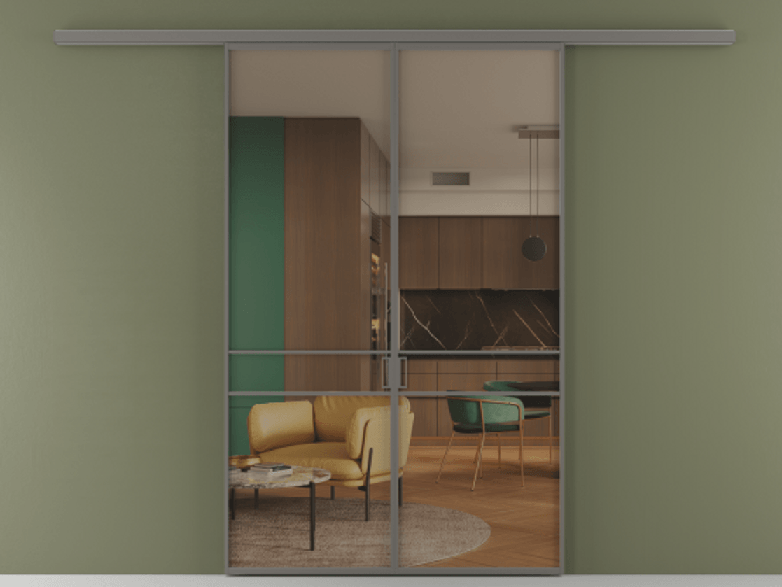 Перегородка Формато вдоль стены 2 створки АЛПР 040.02 Алюминий классический серый Прозрачное бронзовое стекло, триплекс Цена 195450 ₽ | Volhovec