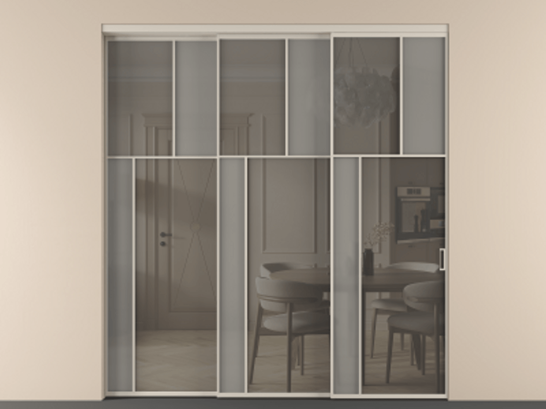 Перегородка Mosaic внутри проёма 3 створки с синхронным механизмом АЛПР 041.22 Алюминий светло-бежевый Сатинированное серое стекло, триплекс, 6 мм + Прозрачное серое стекло, триплекс Цена 437390 ₽ | Volhovec