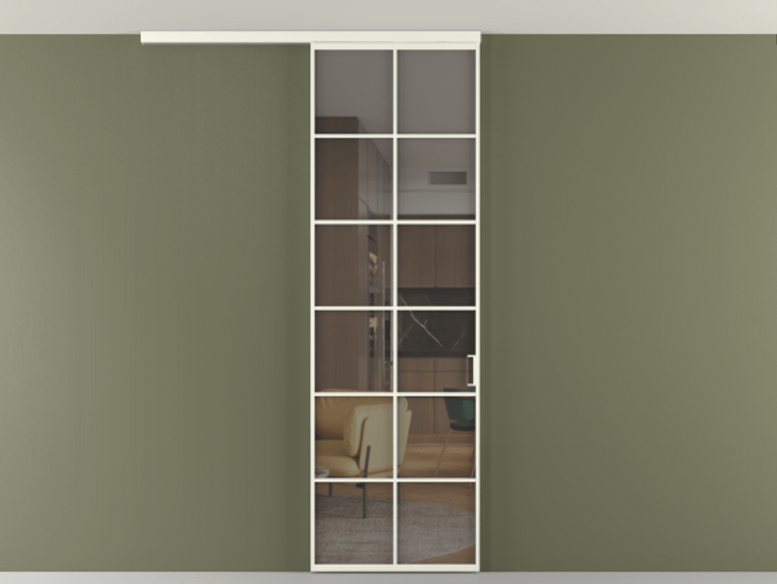 Перегородка Формато вдоль стены на потолок 1 створка АЛПР 040.05 Алюминий жемчужный Прозрачное серое стекло, триплекс Цена 107852 ₽ | Volhovec