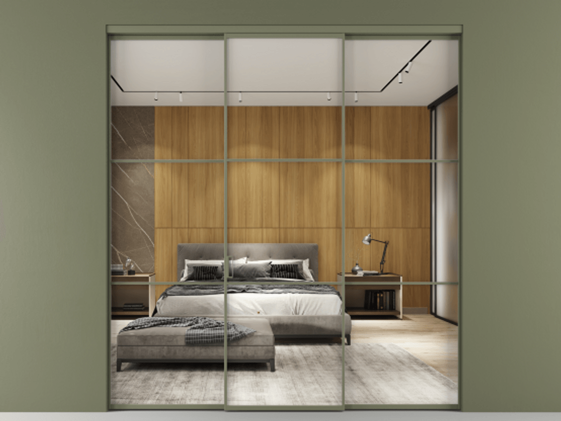 Перегородка Формато внутри проёма 3 створки АЛПР 040.03 Алюминий оливковый тёмный Двустороннее зеркало, триплекс , триплекс 6 мм Цена 237275 ₽ | Volhovec