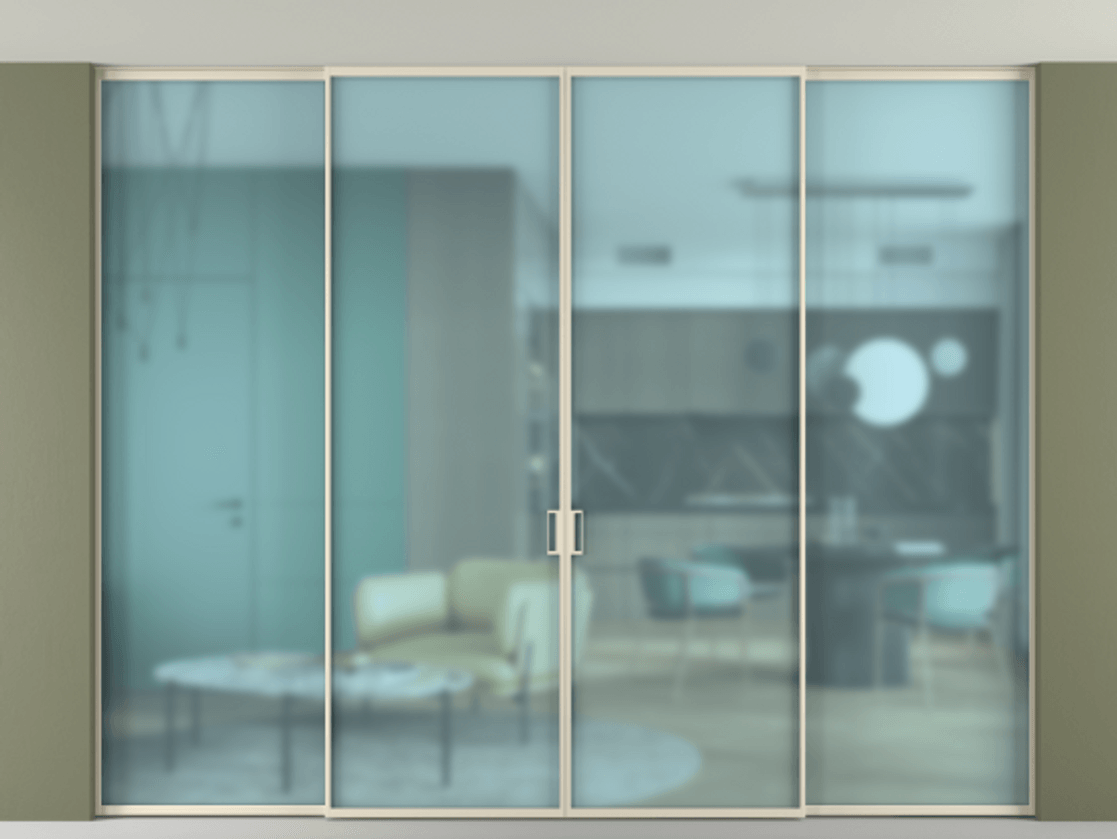 Межкомнатная дверь New Перегородка Formato внутри проёма четырёхстворчатая АЛПР 040.01 Алюминий бежево-серый Сатинированное голубое стекло, триплекс Цена 481780  | Volhovec